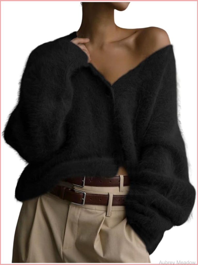 Fuzzy Mohair V-Neck Button Down Cardigan Open Front Slouchy Knit Sweater